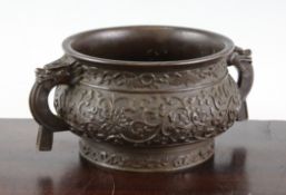 A Chinese bronze gui-shaped censer, 17th/18th century, in Hu Wenming style, finely cast in relief