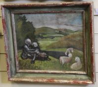 Gabriel White (1902-1988)oil on board,Figures and sheep in a landscape,12 x 14 ins.