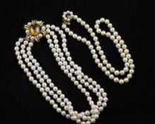 A triple strand cultured pearl choker necklace with 14ct gold, citrine, diamond and cultured pearl