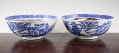 A pair of Chinese blue and white bowls, Qianlong period, each painted with figures in river