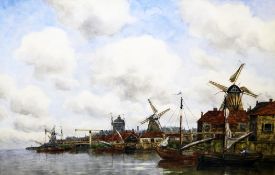 Jan Van Couver (1836-1909)watercolour,Dutch canal scene,signed,19.5 x 29.5in.
