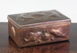 A Newlyn copper Arts & Crafts rectangular box, embossed with fish and shell decoration, stamped