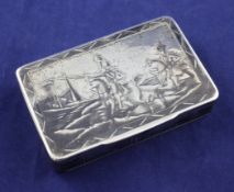 A 19th century Russian 84 zolotnik silver and niello table snuff box, of rectangular form, decorated