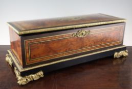 A 19th century cylinder music box, with brass inlaid ormolu mounted thuya and kingwood case, the