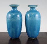 A pair of Chinese turquoise glazed ovoid vases, 18th / 19th century, with crackle glaze, 6.4in. (