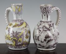 Two Dutch Delft polychrome jugs, early 18th century, both with decorated with Chinese figures in