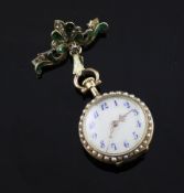 An early 20th century Swiss 18ct gold, green enamel, split pearl, and diamond set fob watch, with