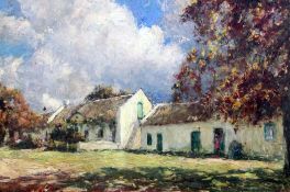 Edward Roworth (South African, 1880-1964)oil on board,`Wayside cottages Swellendam, Showery