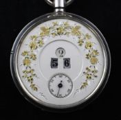 An early 20th century Swiss silver jump hour digital keyless lever pocket watch, with engine