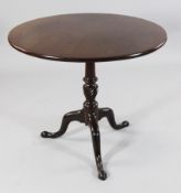 A George III mahogany tilt top tea table, with tripod base, 2ft 8in.