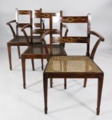 A set of three George III mahogany elbow chairs, with pearl festoon painted spars and caned seats,