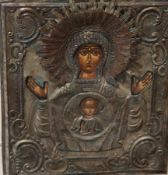 Russian Schooltempera on panel,Icon Virgin and child,with silvered coppered oklad,12 x 10.5in.