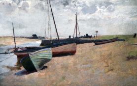 Percy Tarrant (1879-1930)oil on wooden panel,Fishing boats at low tide,5.5 x 9in.