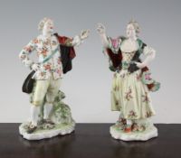 A pair of Derby figures of singers, c.1765-70, the gentleman and lady wearing flower painted attire,