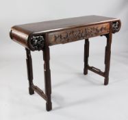 A late 19th century Chinese hardwood altar table, with burr wood inset top and cloud carved