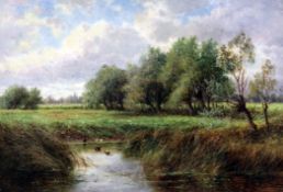 John Henry Boel (fl.1889-1910)oil on canvas,River landscape with willow trees and cattle in