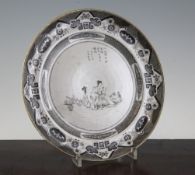 An unusual Chinese grisaille plate, Jiaqing period, painted to the centre with two female