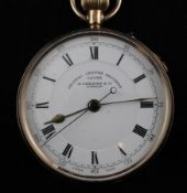 An early 20th century Swiss 9ct gold keyless lever chronograph pocket watch, with Roman dial and "