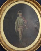 18th century Continental Schooloil on copper panel,Full length portrait of a gallant,oval,14.5 x