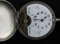 An early 20th century metal case Hebdomas eight day hunter keyless bob watch, with foliate