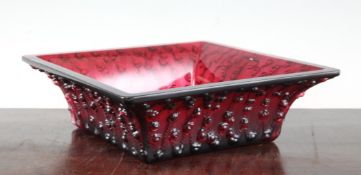 A large modern Lalique `Roses` ruby glass square bowl, decorated with roses and leaves, engraved