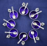 A good set of eight late 1920`s Georg Jensen sterling silver and blue enamel acorn pattern single