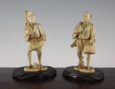 A pair of Japanese sectional walrus ivory okimonos of a labourer and a fisherman, early 20th