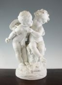 After Auguste Moreau. A large French biscuit porcelain group, late 19th century, modelled as a boy