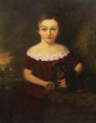 Victorian Schooloil on canvas,Portrait of a girl standing beside a spaniel, a landscape beyond,29.