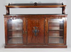 A large Victorian mahogany side cabinet, the top with turned baluster gallery and rectangular mirror
