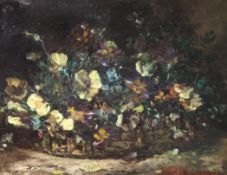 Eugène-Henri Cauchois (1850-1911)oil on canvas,Poppies in a wicker basket,signed,14 x 17in.