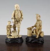 Two Japanese sectional walrus ivory okimono groups, early 20th century, the first a seated fisherman