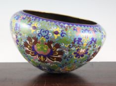 A Chinese cloisonne enamel alms bowl, Qianlong engraved four character mark, but later, decorated