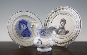 A Staffordshire pearlware Queen Caroline plate, circa 1820, a Victoria Regina pearlware jug, circa