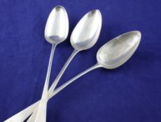 Three George III silver Old English pattern basting spoons, two with engraved initial, Stephen