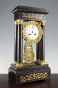 A 19th century French marquetry and ormolu Portico clock, with countwheel movement striking on a