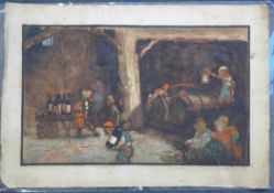 Late 19th century English Schoolwatercolour,Gnomes in a wine cellar,12 x 19in.; unframed
