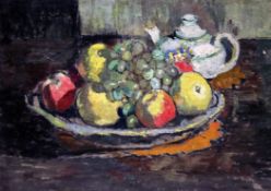 Modern Britishoil on canvas,Still life of fruit and a teapot, unfinished portrait verso,12.5 x 16.