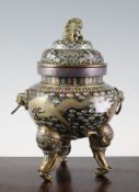 A Chinese cloisonne enamel and gilt bronze censer and cover, early 20th century, the body