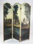 A 19th century French three fold painted leather draught screen, painted with country scenes of