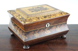 A Victorian sarcophagus shape Tunbridge Ware work box, the lid with a central floral bouquet, the