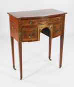 An Edwardian Sheraton revival painted satinwood bowfront occasional table, decorated with a portrait