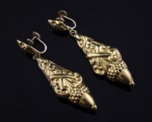 A pair of Victorian style gold drop ear clips, of lozenge form, embossed with crossed keys and acorn