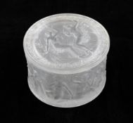 A Lalique `Figurine et Voiles` cylindrical box and cover, design 1929, moulded with ladies in