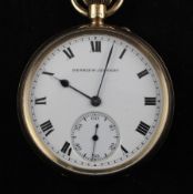 A George V 9ct gold keyless lever pocket watch by Dennis W. Jeffery, with Roman dial and