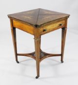 An Edwardian rosewood and marquetry inlaid envelope card table, with baize interior, single frieze