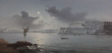 D`Espositogouache,Valetta harbour by moonlight,signed,4.5 x 9in.