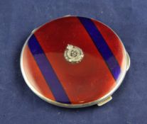 A 1930`s silver and two colour guilloche enamel compact, with Royal Engineers silver appliqué, of