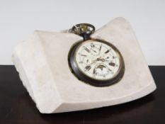 An early 20th century gun metal giant calendar pocket watch, with subsidiary day, date, month,