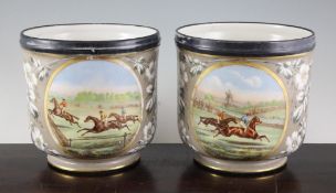 A pair of Paris porcelain cache pots, late 19th century, each decorated with horse racing scenes, on